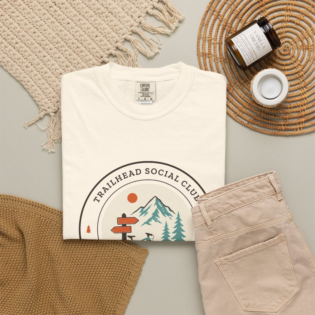 Trailhead Social Club Tee in Ivory, fabric and print detail