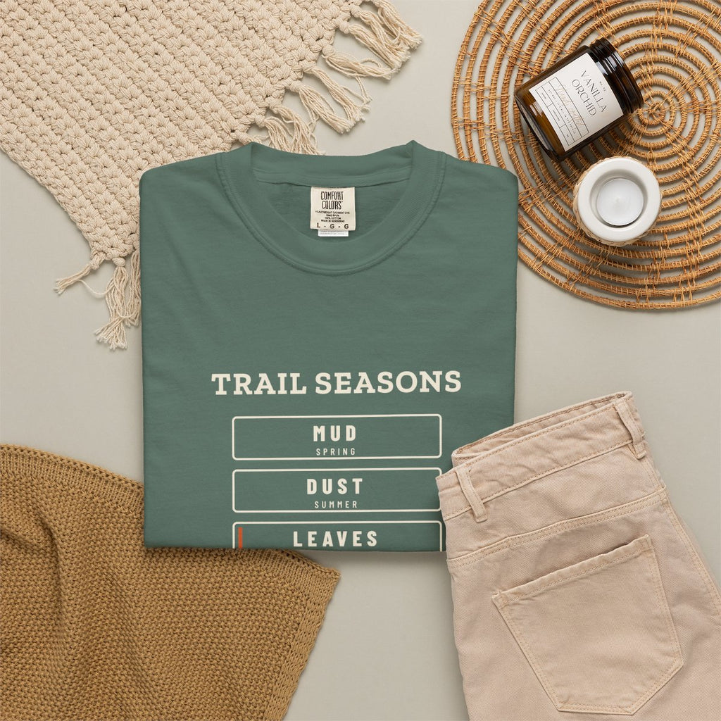 Trail Seasons Tee in Blue Spruce, fabric and print detail