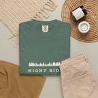 Night Ride Tee in Blue Spruce, fabric and print detail