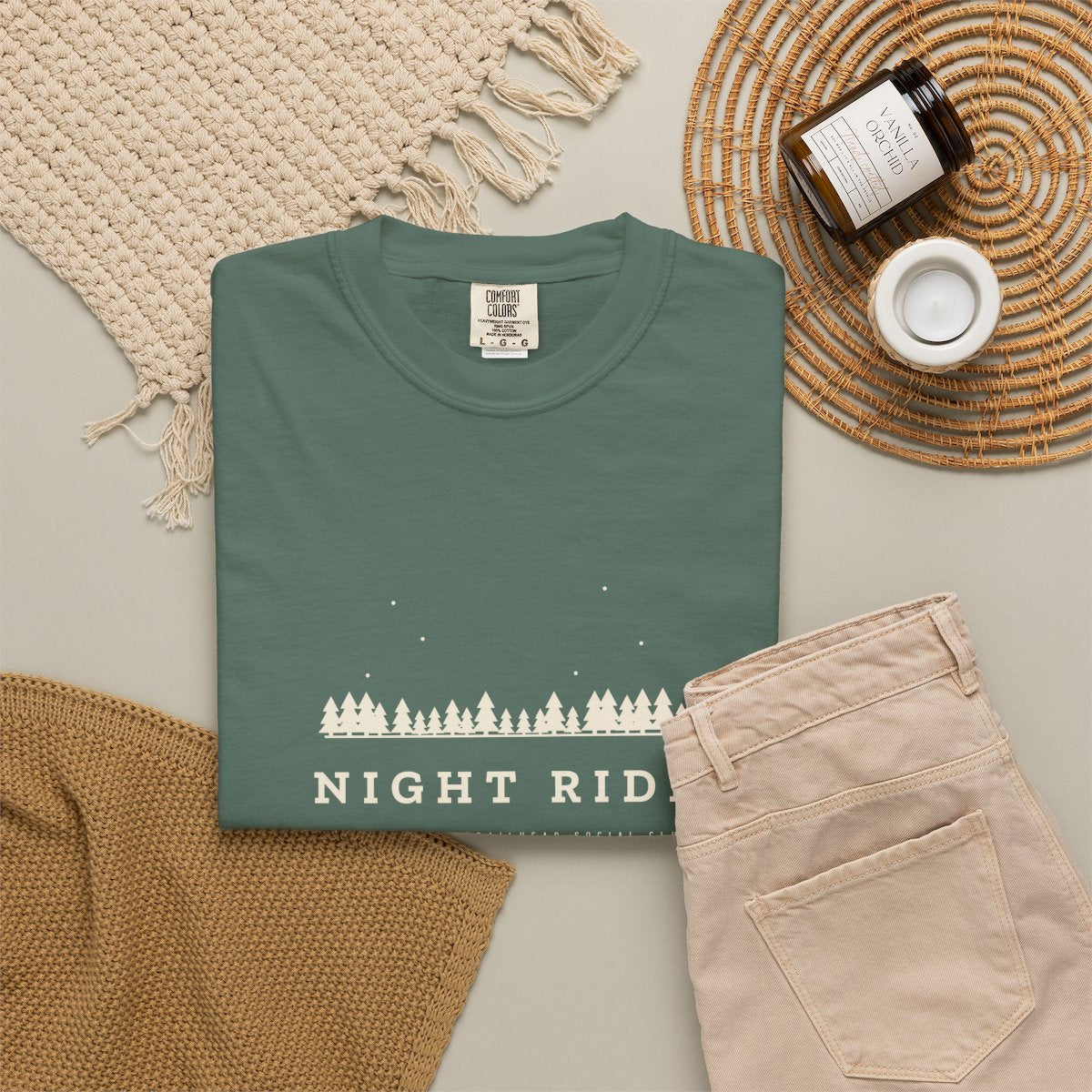 Night Ride Tee in Blue Spruce, fabric and print detail