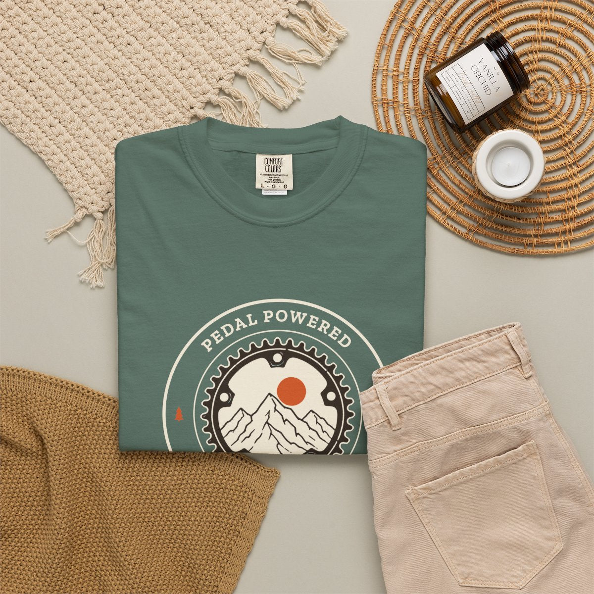 Chainring Tee in Blue Spruce, fabric and print detail