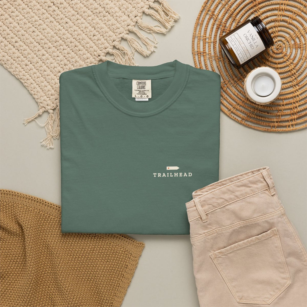 This Way Pocket Tee in Blue Spruce, fabric and print detail