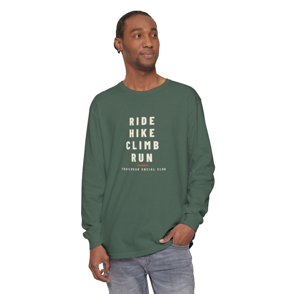 Ride Hike Climb Run Long Sleeve Tee in Blue Spruce, on model