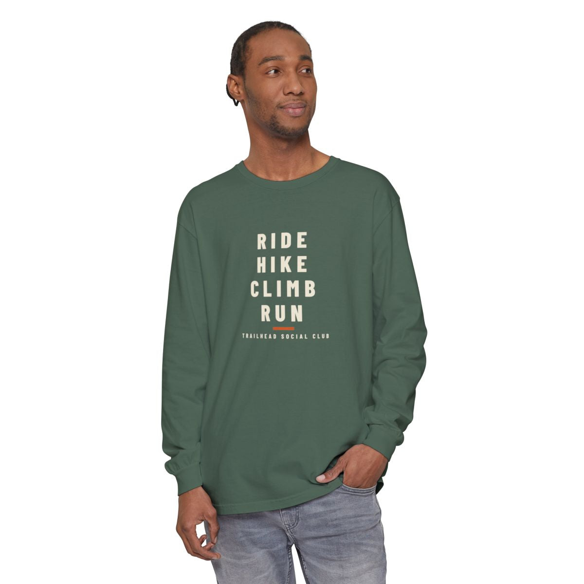 Ride Hike Climb Run Long Sleeve Tee in Blue Spruce, on model