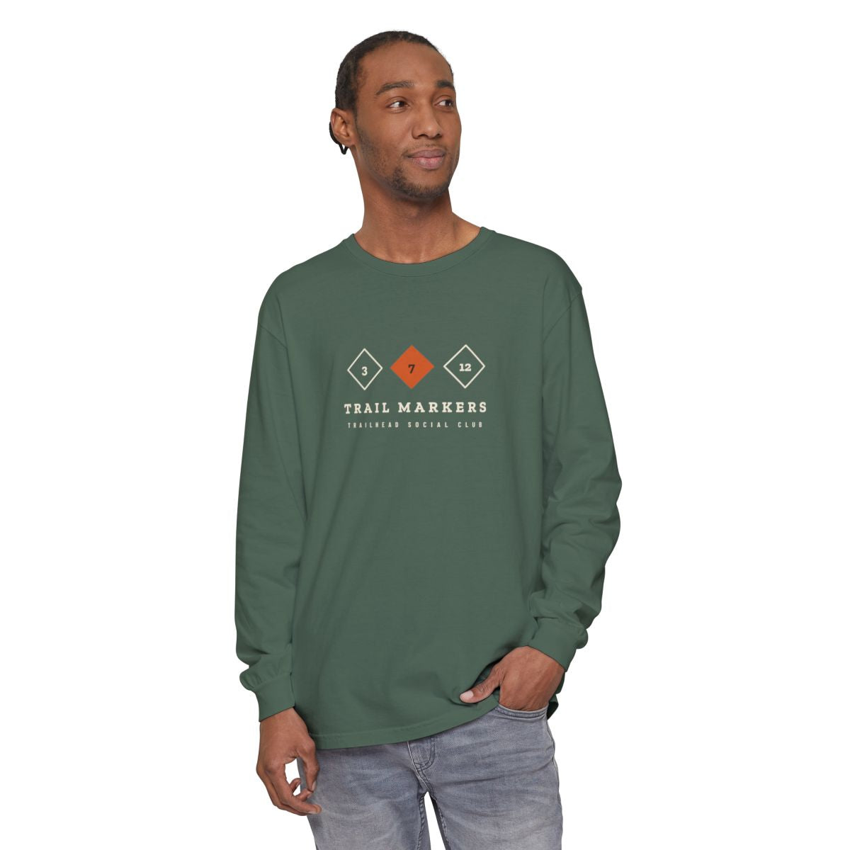 Trail Markers Long Sleeve Tee in Blue Spruce, on model