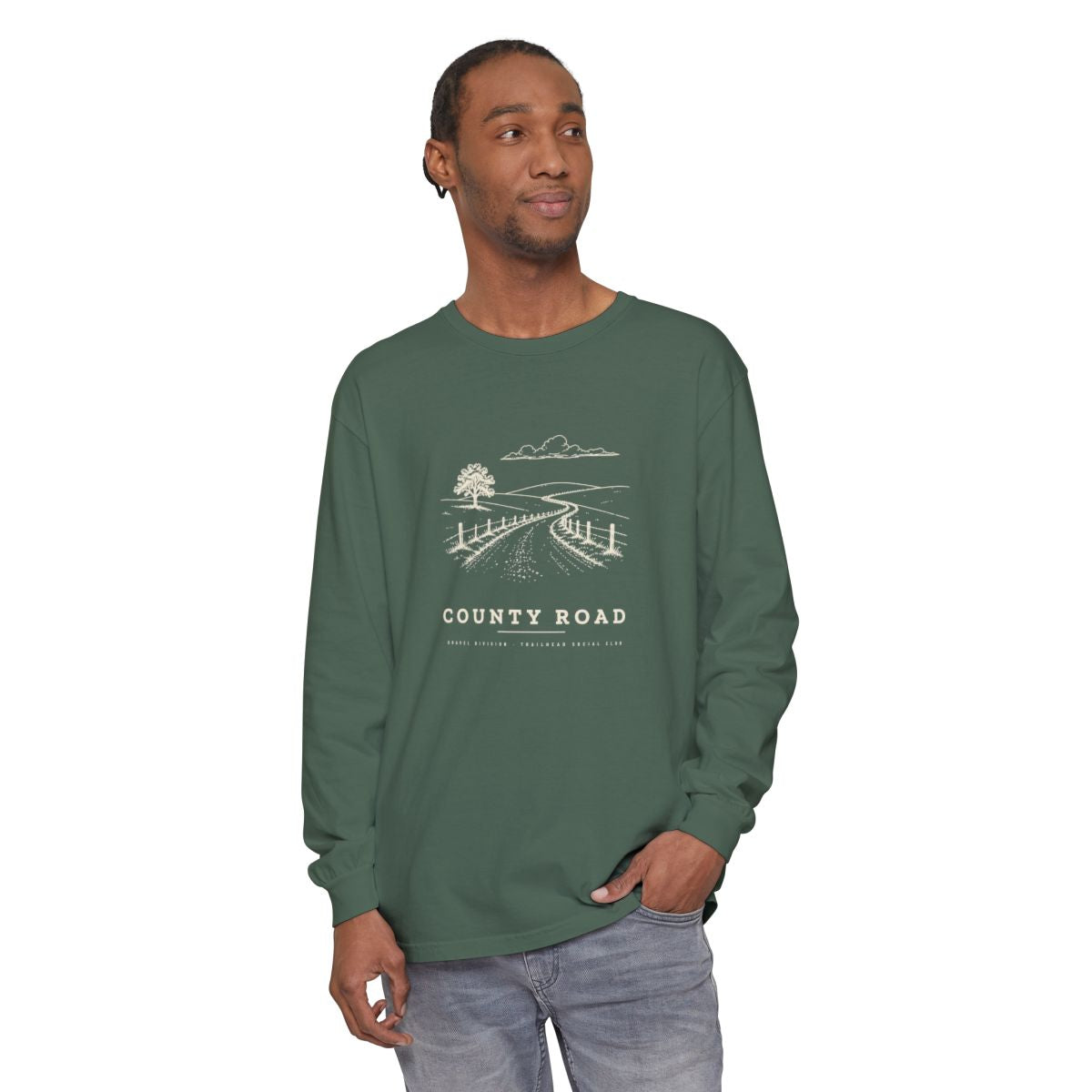 County Road Long Sleeve Tee in Blue Spruce, on model