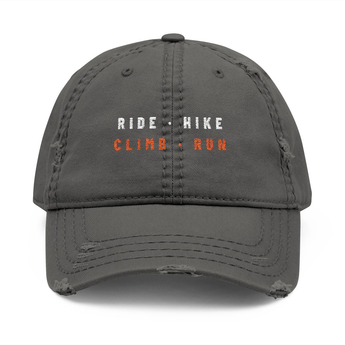 Ride Hike Climb Run Dad Hat in Charcoal Grey, front view