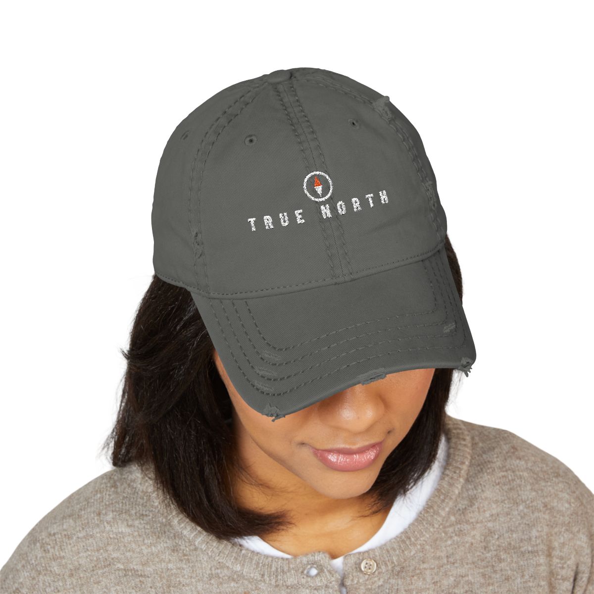 True North Dad Hat in Charcoal Grey, on model