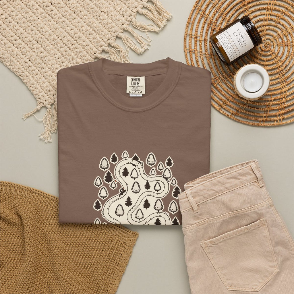 Singletrack Tee in Espresso, fabric and print detail