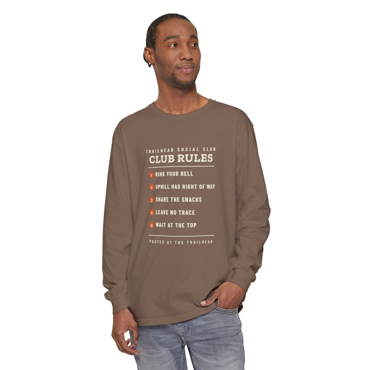 Club Rules Long Sleeve Tee in Espresso, on model