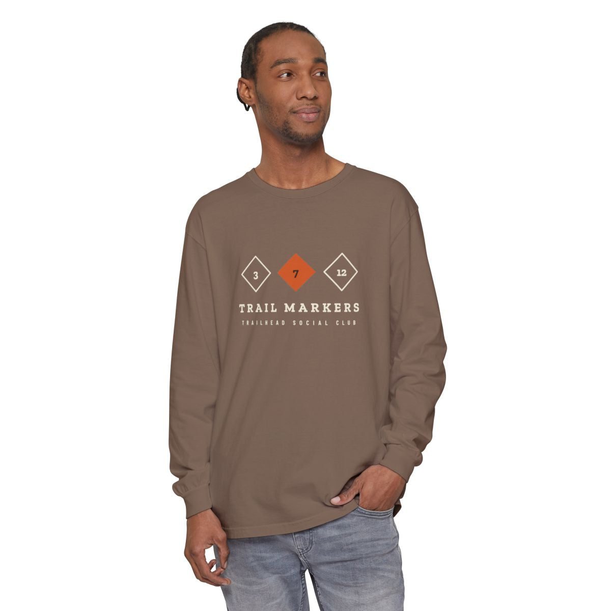 Trail Markers Long Sleeve Tee in Espresso, on model