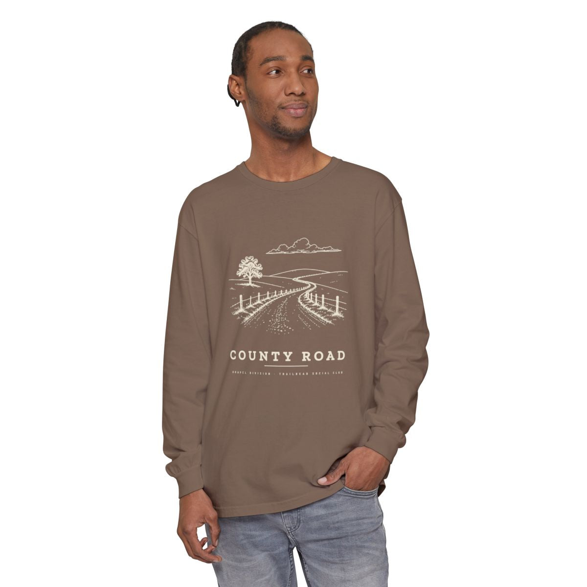County Road Long Sleeve Tee in Espresso, on model