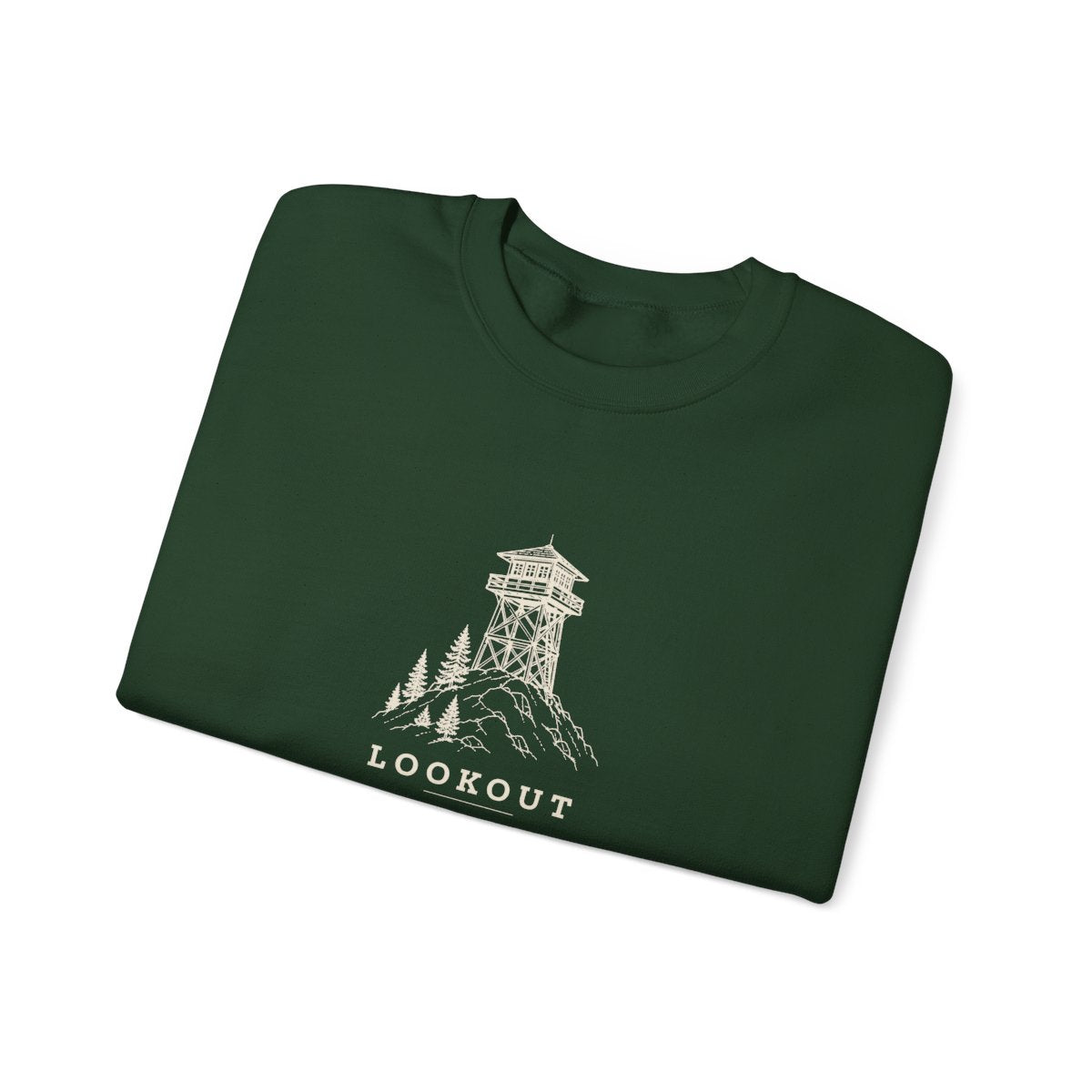 Lookout Tower Crewneck in Forest Green, folded