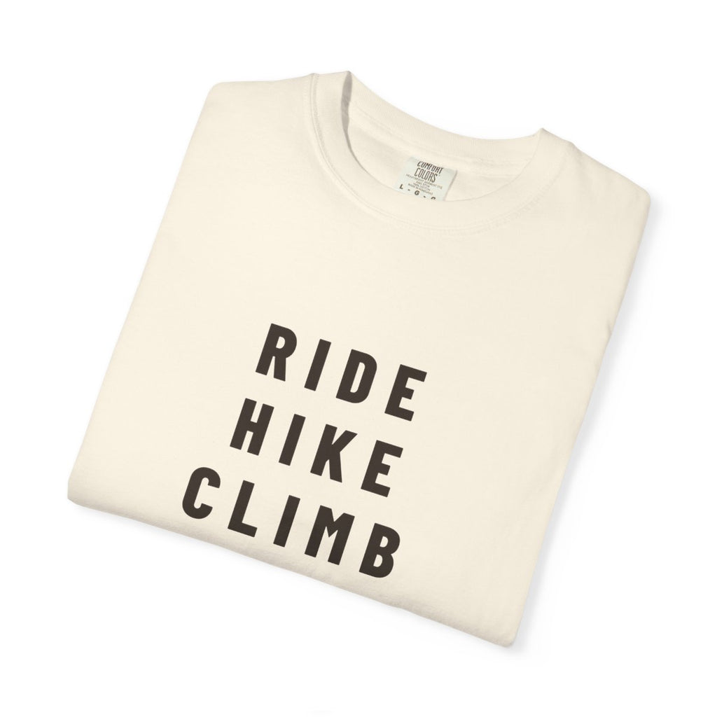 Ride Hike Climb Run Tee in Ivory, folded