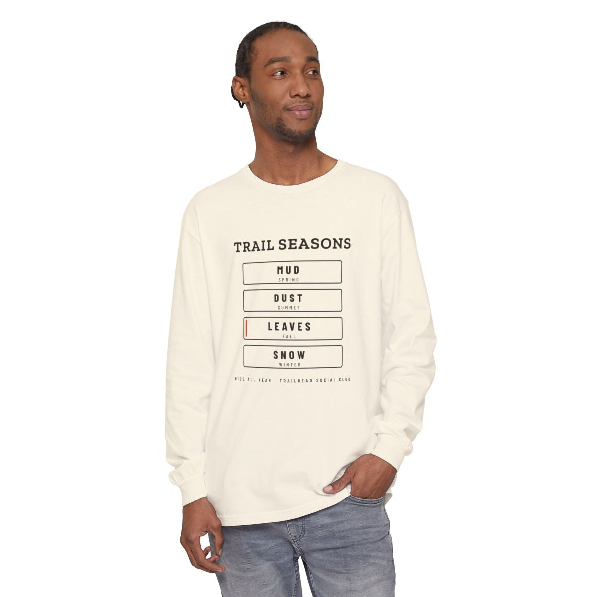 Trail Seasons Long Sleeve Tee in Ivory, on model
