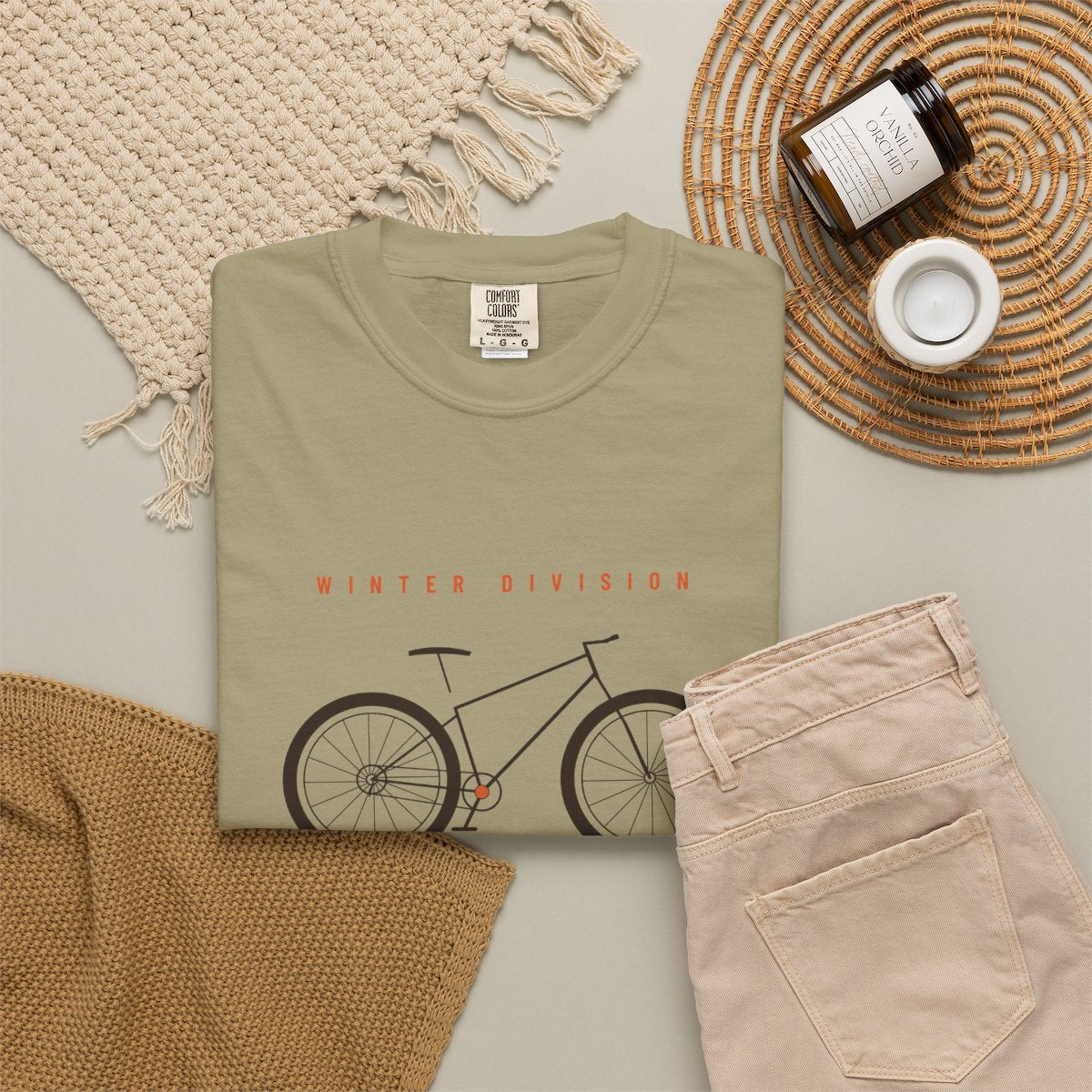 Winter Division Tee in Khaki, fabric and print detail