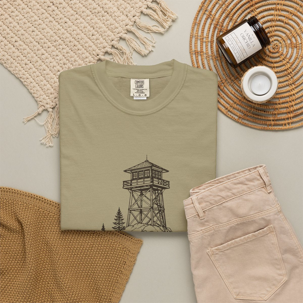 Lookout Tower Tee in Khaki, fabric and print detail