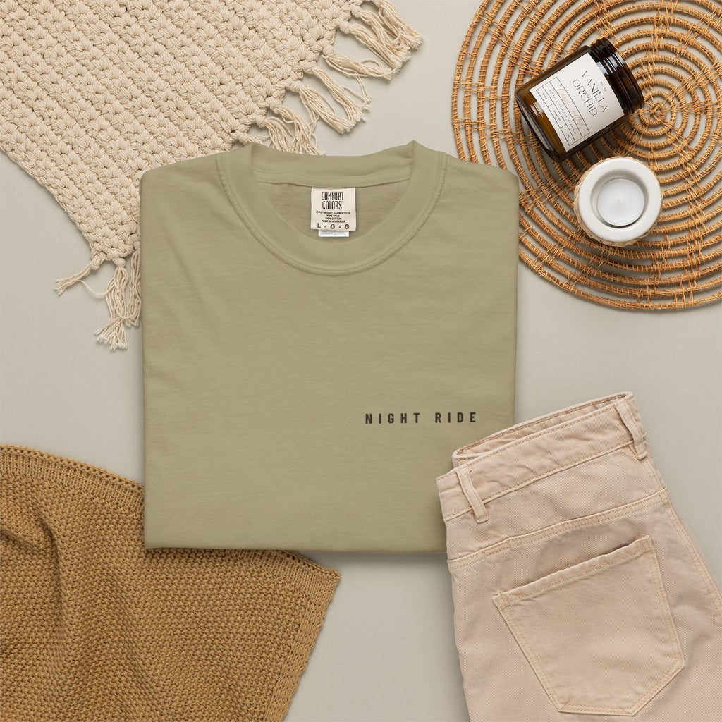 Night Ride Pocket Tee in Khaki, fabric and print detail