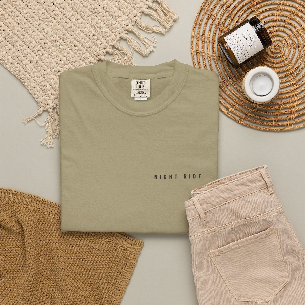 Night Ride Pocket Tee in Khaki, fabric and print detail