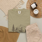 Mountain Hut Tee in Khaki, fabric and print detail