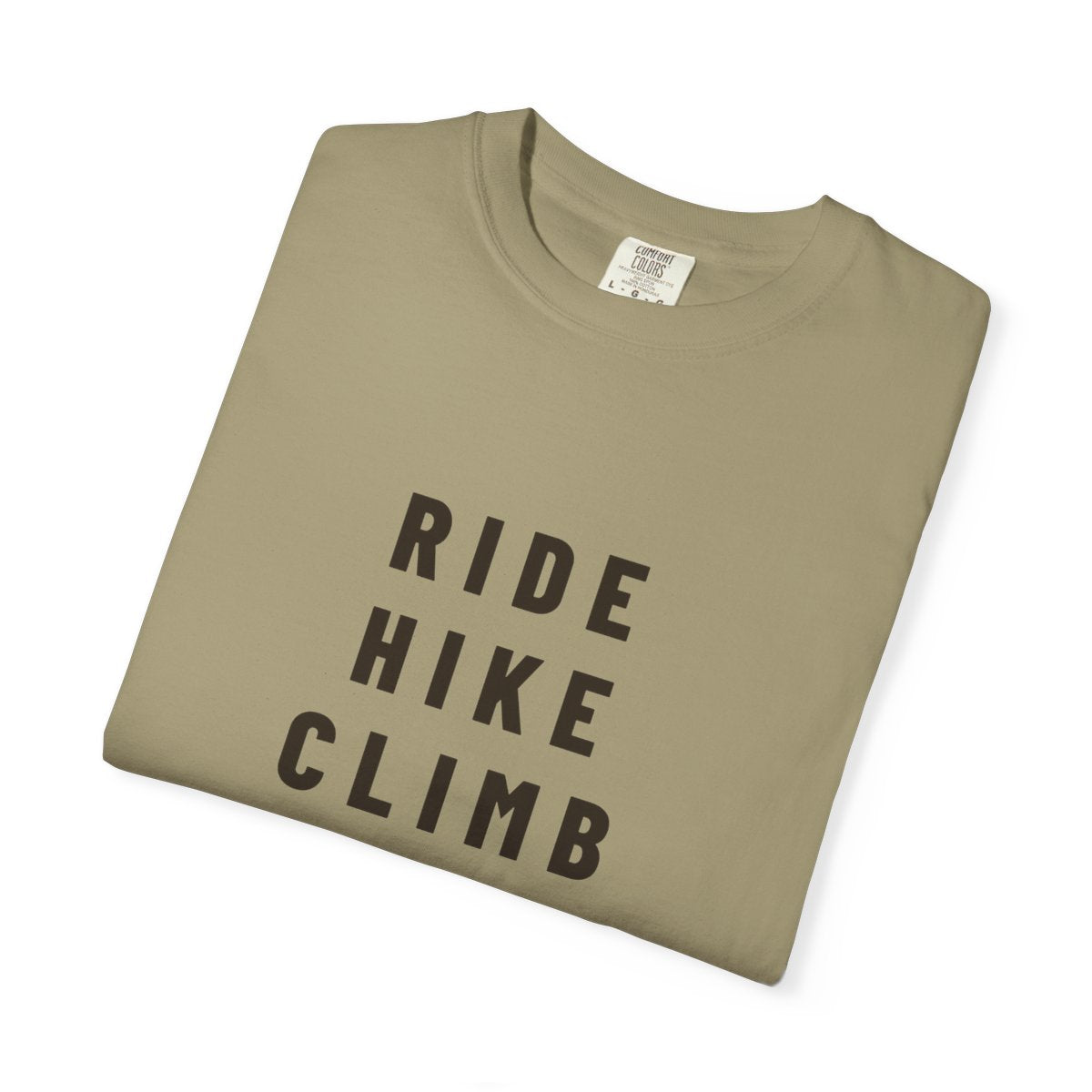 Ride Hike Climb Run Tee in Khaki, folded