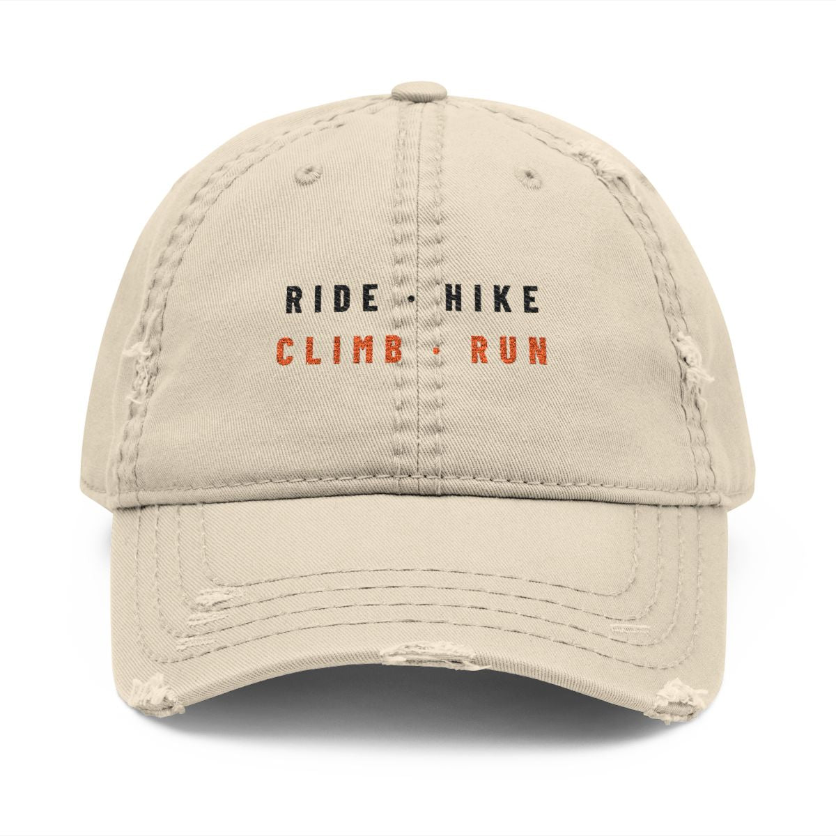 Ride Hike Climb Run Dad Hat in Khaki, front view