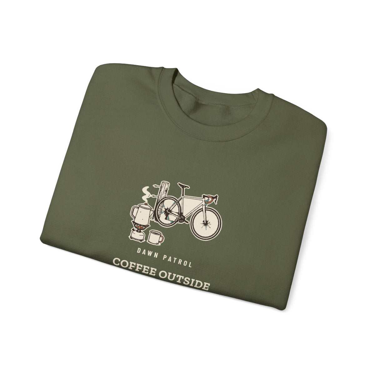 Coffee Outside Crewneck in Military Green, folded