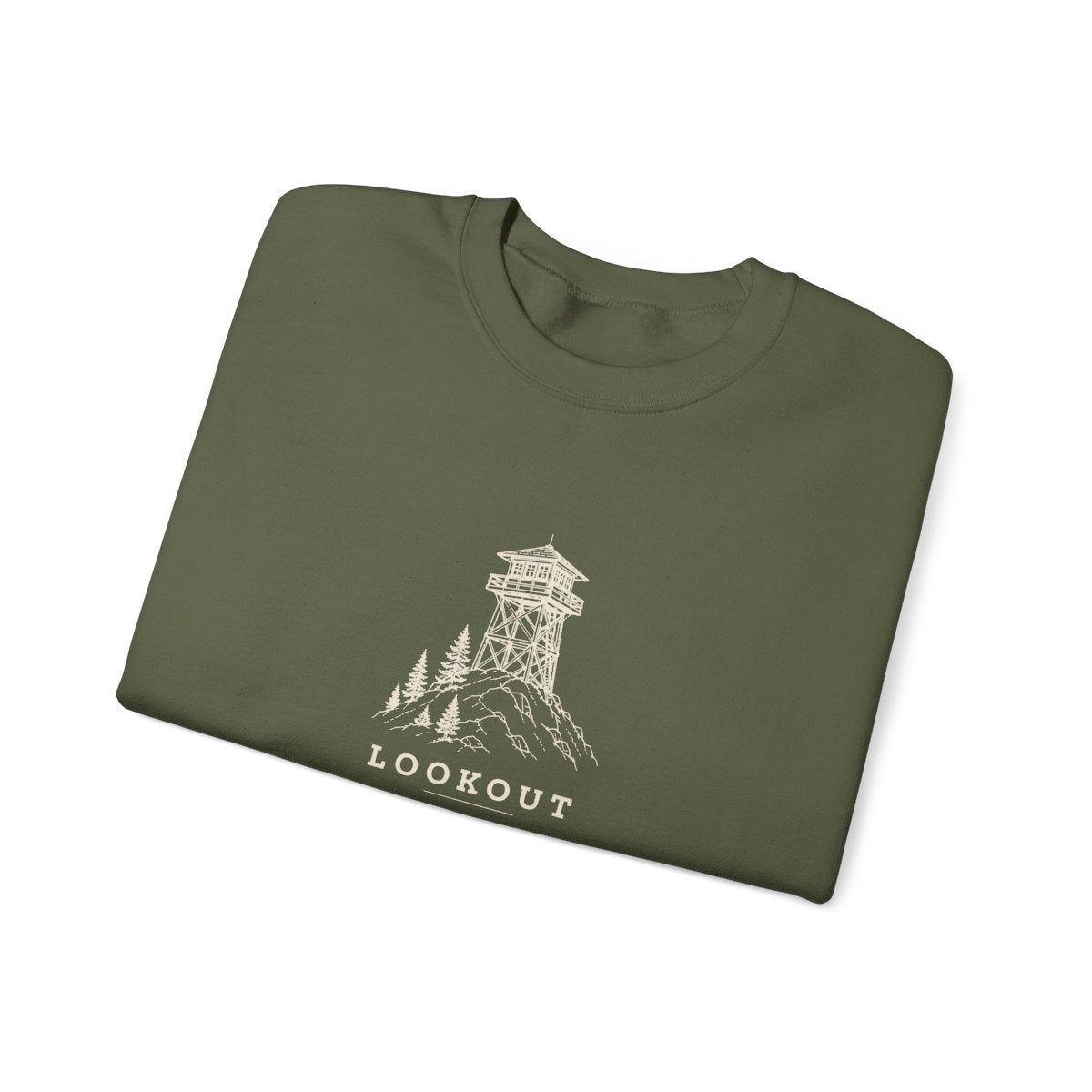 Lookout Tower Crewneck in Military Green, folded