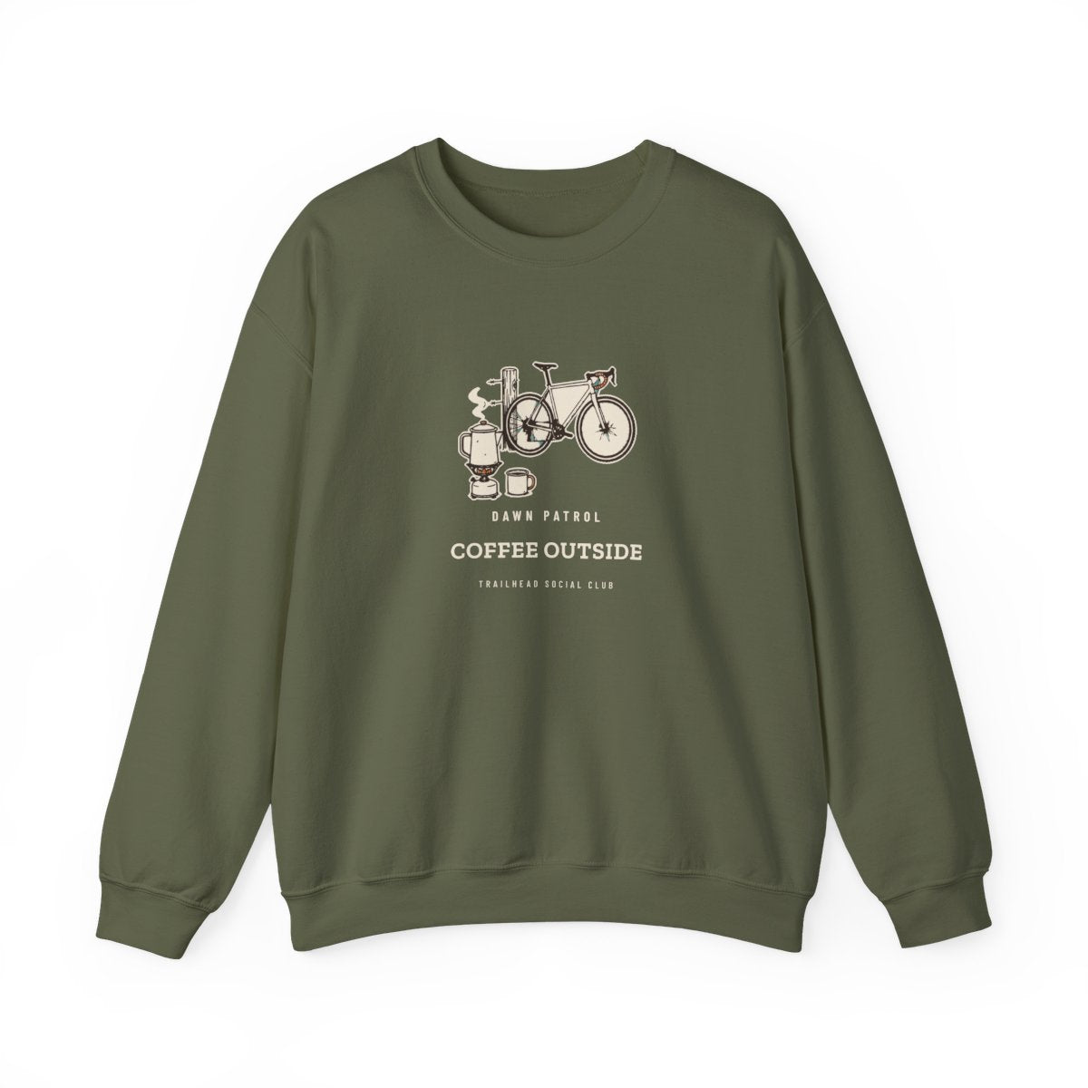 Coffee Outside Crewneck in Military Green, front view