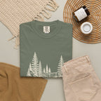 Footbridge Tee in Moss, fabric and print detail