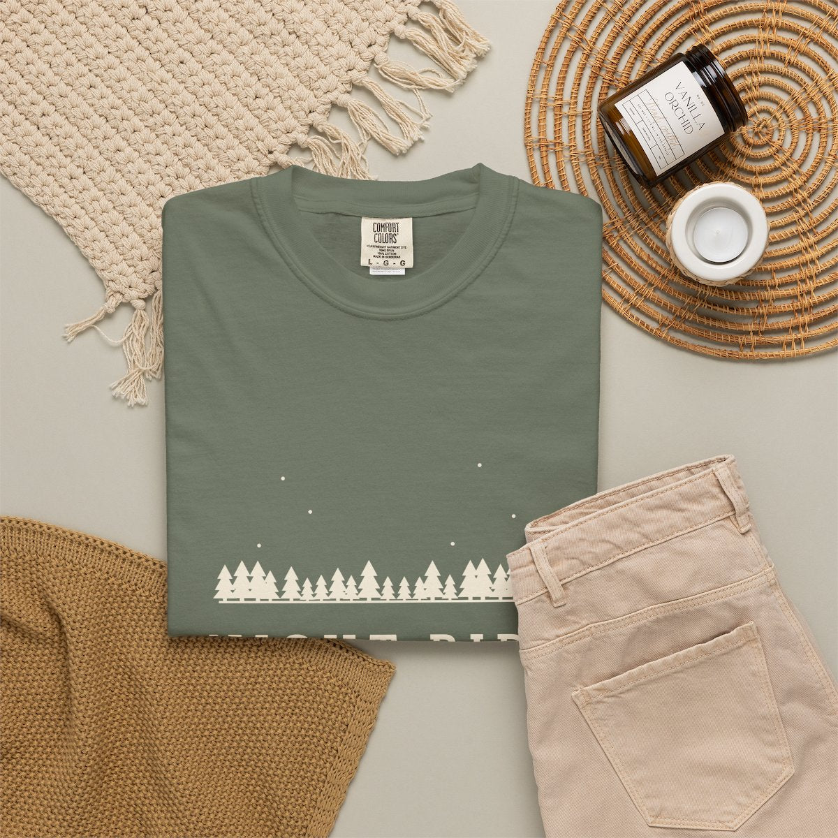 Night Ride Tee in Moss, fabric and print detail