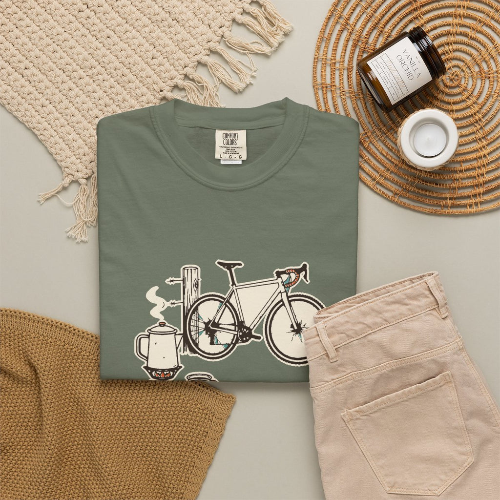 Coffee Outside Tee in Moss, fabric and print detail