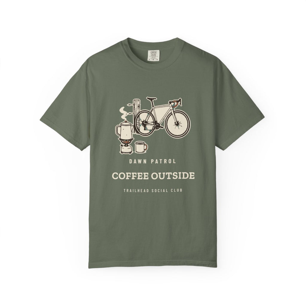 Coffee Outside Tee in Moss, front view