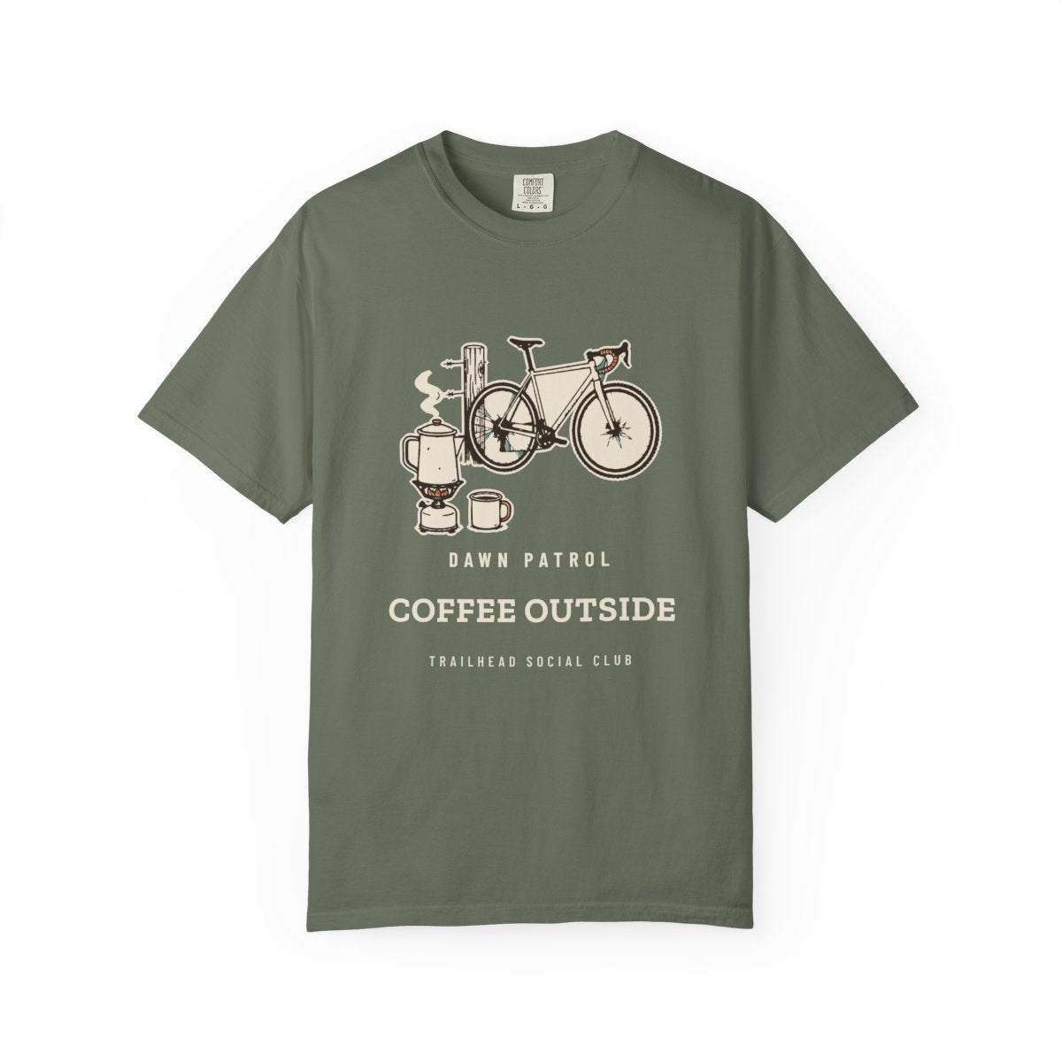 Coffee Outside Tee in Moss, front view