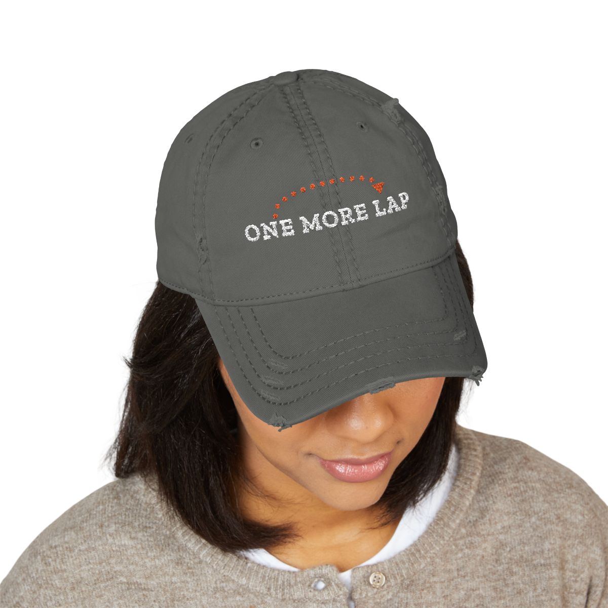 One More Lap Dad Hat in Charcoal Grey, on model