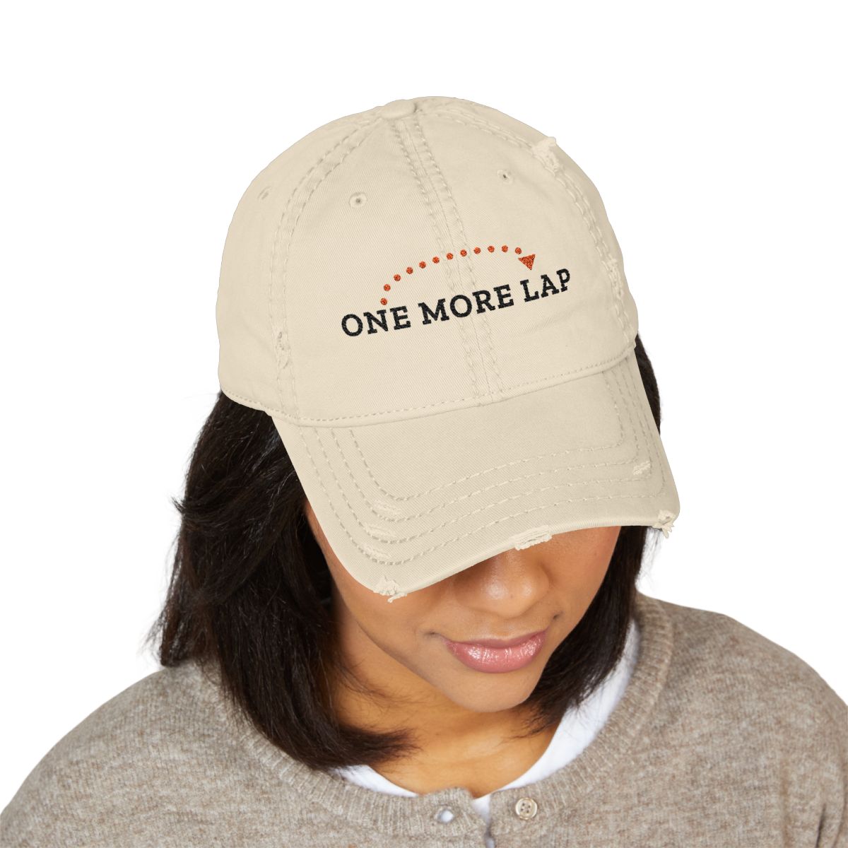 One More Lap Dad Hat in Khaki, on model