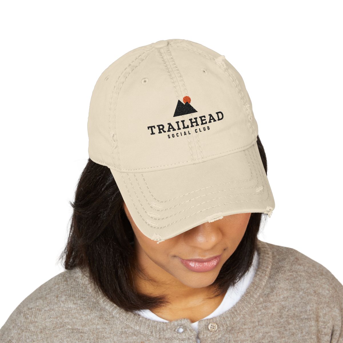 Trailhead Peaks Dad Hat in Khaki, on model