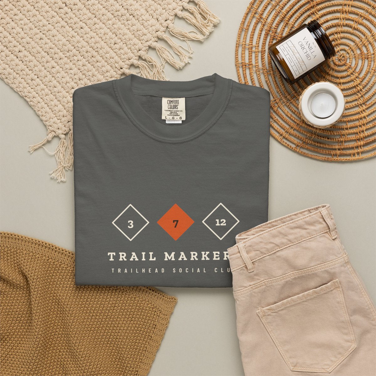 Trail Markers Tee in Pepper, fabric and print detail