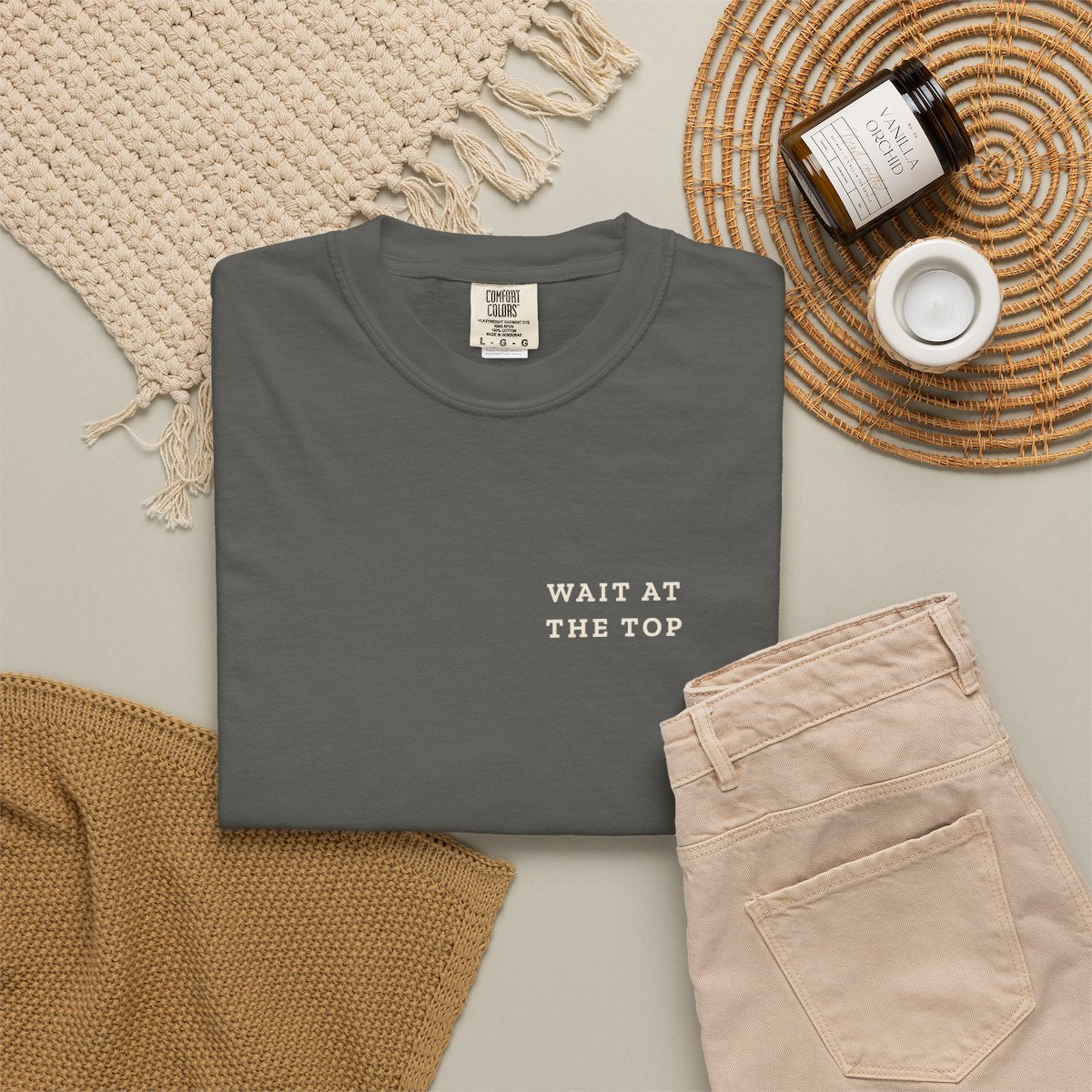 Wait at the Top Pocket Tee in Pepper, fabric and print detail
