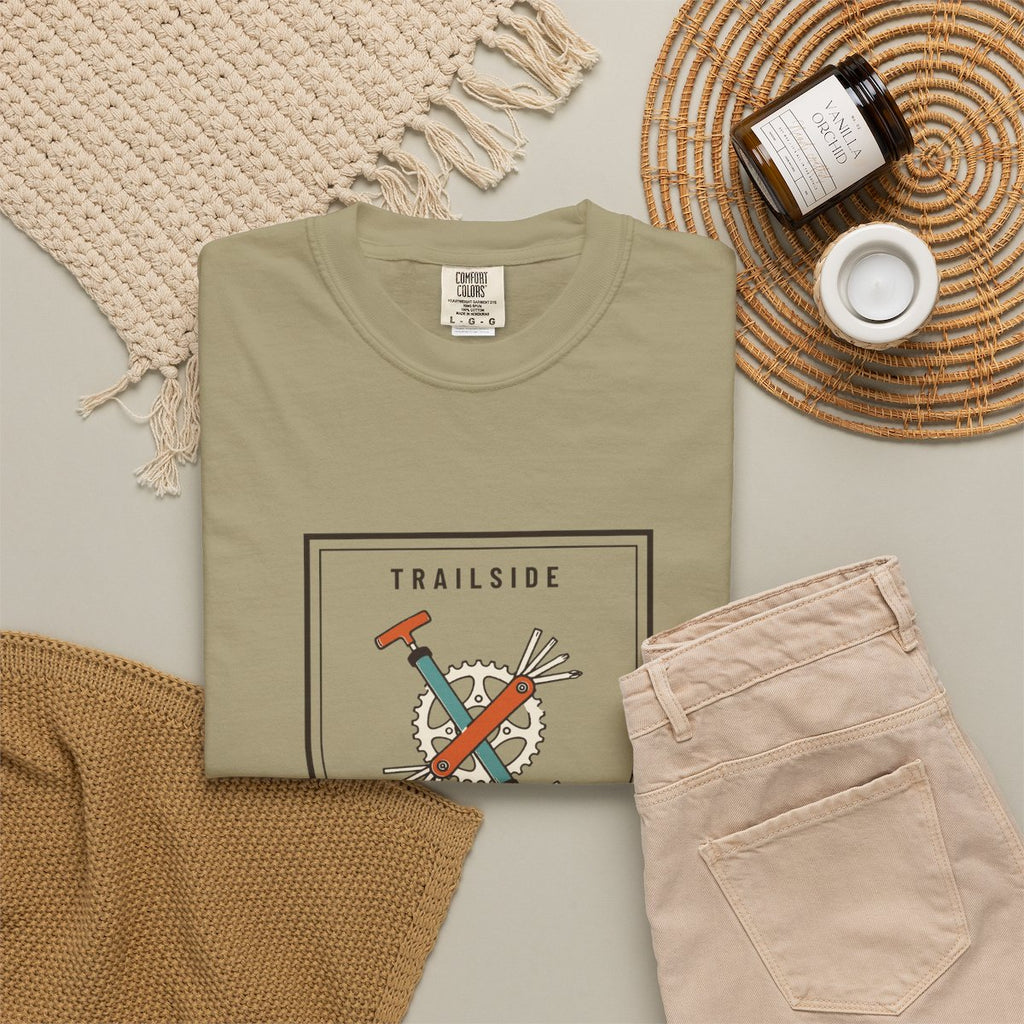 Trailside Repair Society Tee in Khaki, fabric and print detail