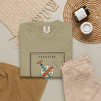 Trailside Repair Society Tee in Khaki, fabric and print detail