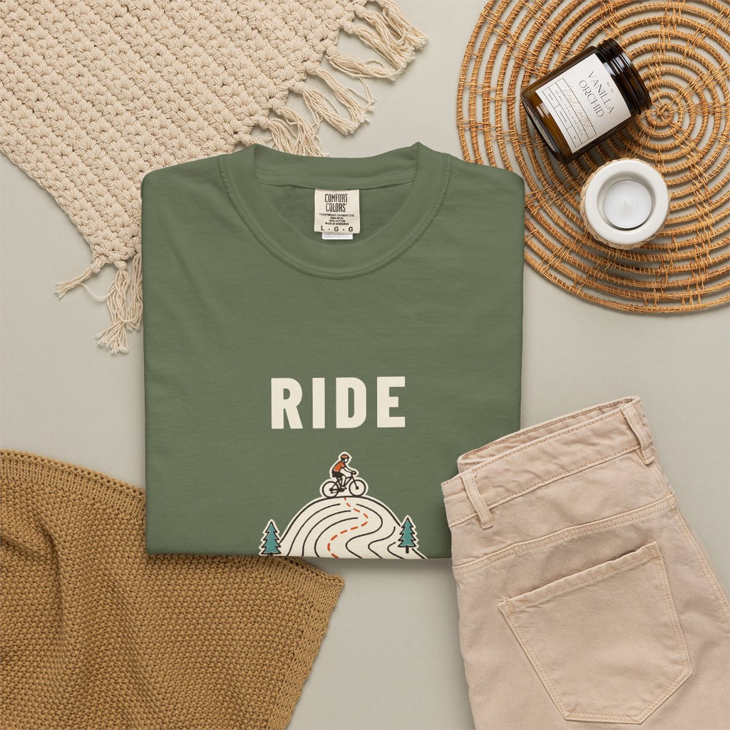 Ride Local Tee in Sage, fabric and print detail
