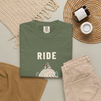 Ride Local Tee in Sage, fabric and print detail