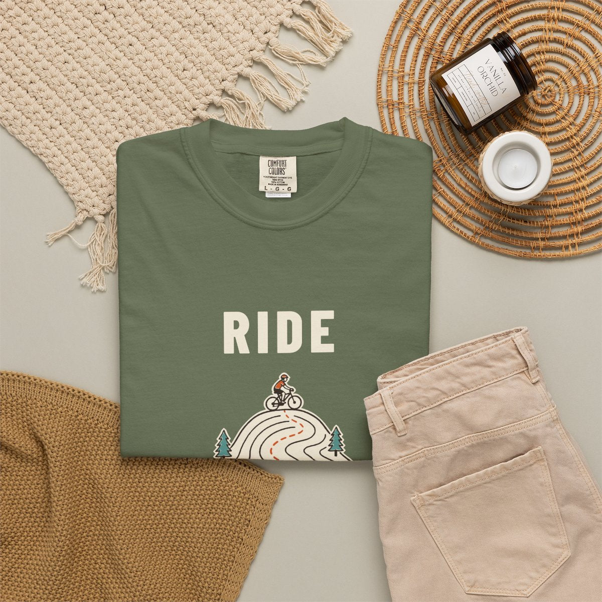 Ride Local Tee in Sage, fabric and print detail