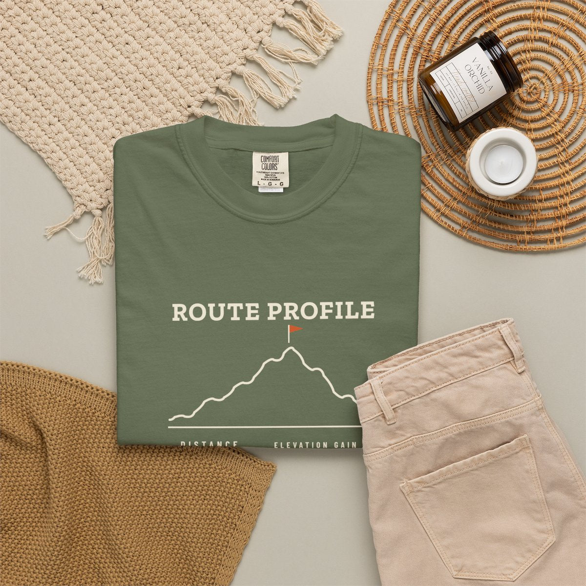 Route Profile Tee in Sage, fabric and print detail