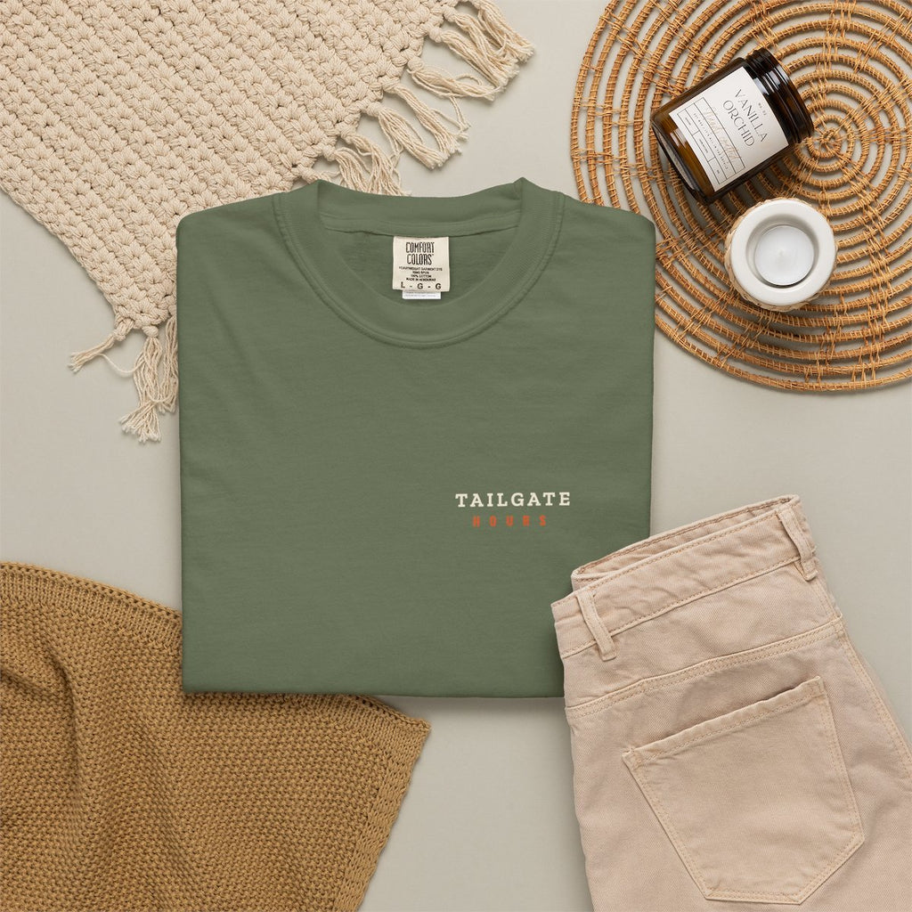 Tailgate Hours Pocket Tee in Sage, fabric and print detail