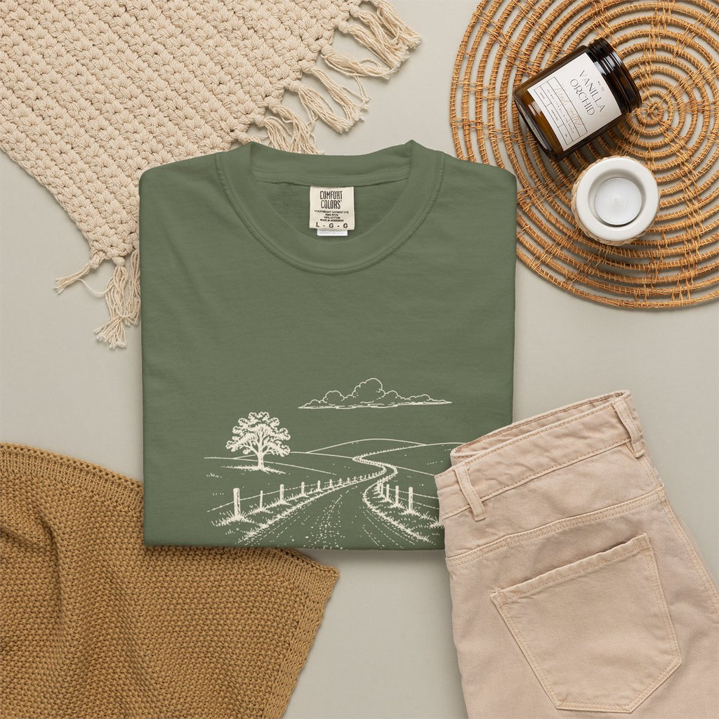 County Road Tee in Sage, fabric and print detail