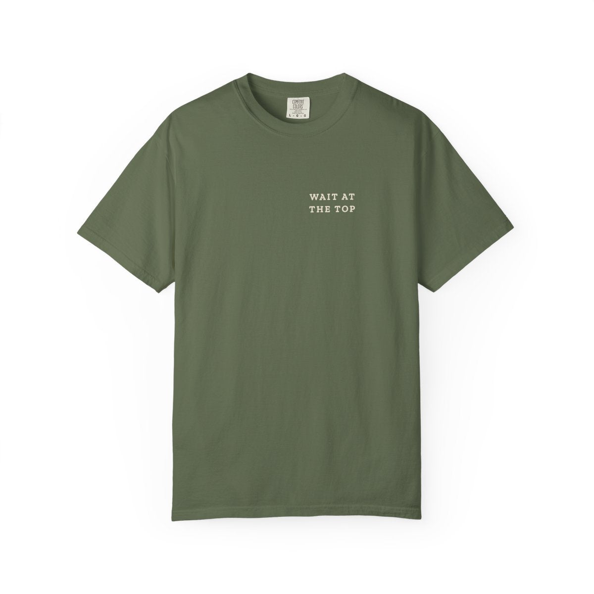 Wait at the Top Pocket Tee in Sage, front view