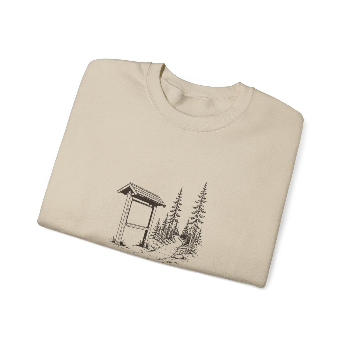 The Trailhead Crewneck in Sand, folded
