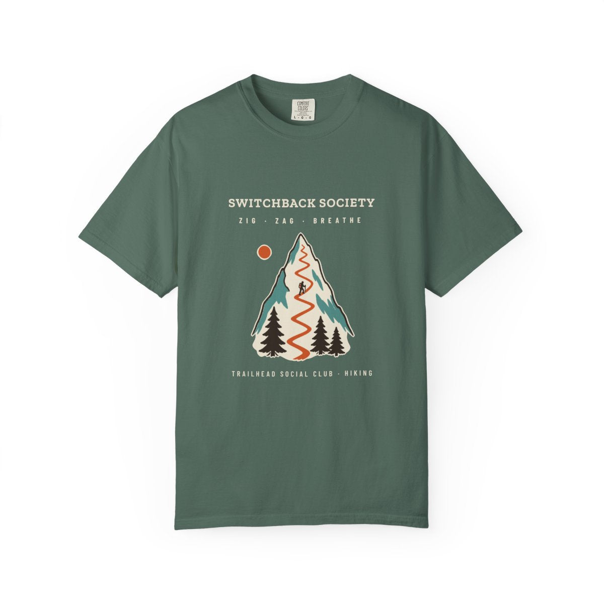 Switchback Society Tee in Blue Spruce, front view